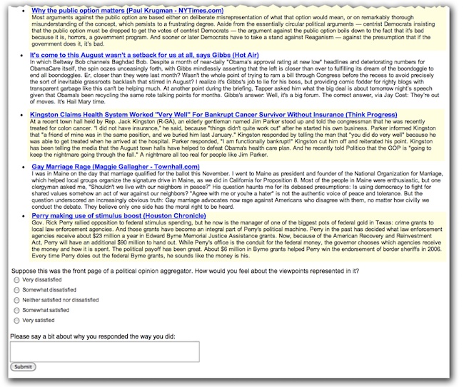Example of mixed political stories shown to participants during presentation diversity studies.